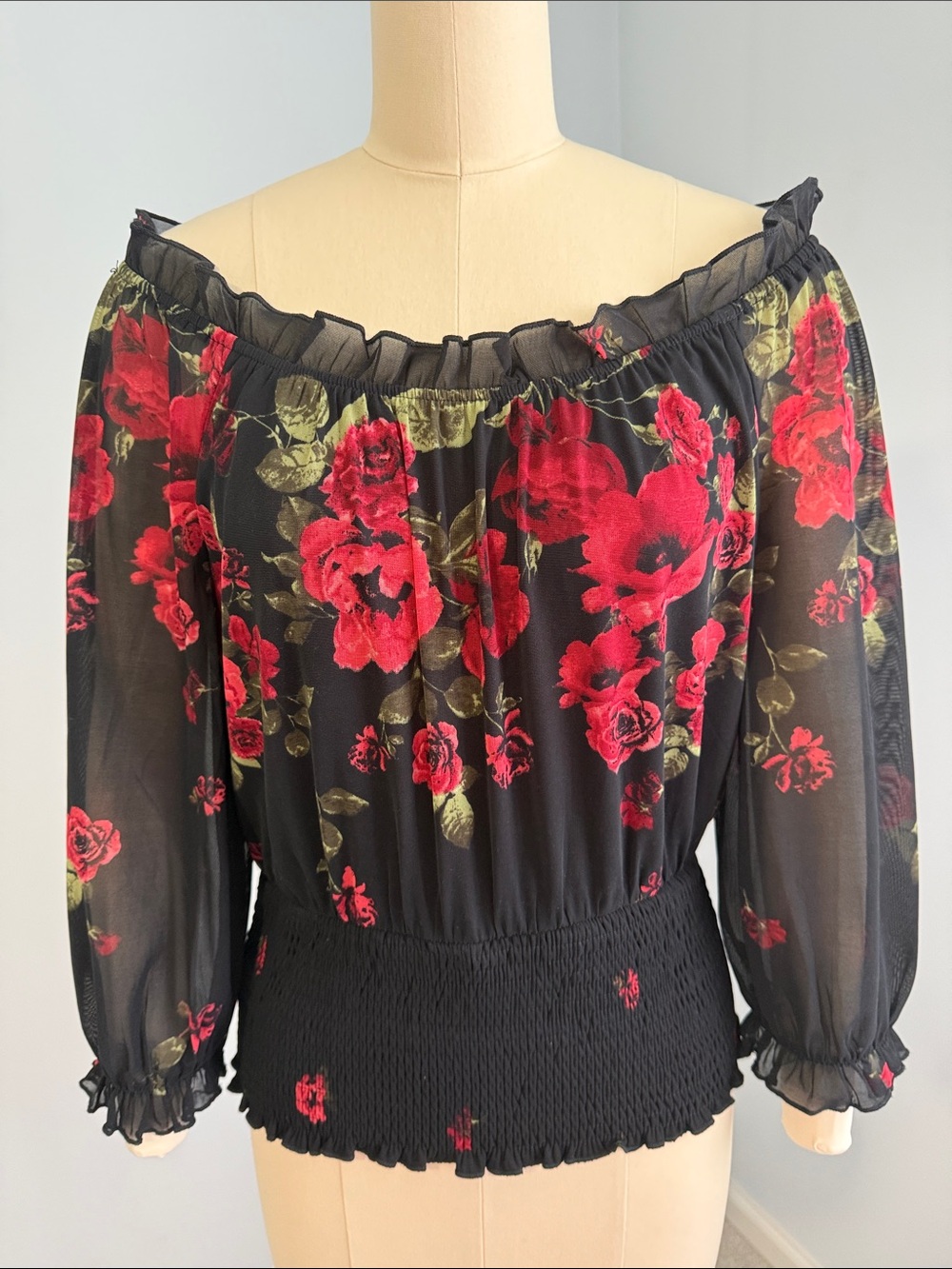 Ember Black Floral Off-Shoulder Peasant Top with Red Roses SZM